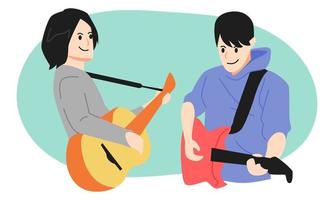 two young boys playing guitar together. cartoon style. vector illustration.