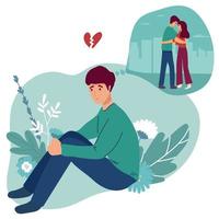 man remembers relationships and love with a woman, separation longing for love. flat vector illustration. Relationship and healthcare concept for banner, website design or landing web page