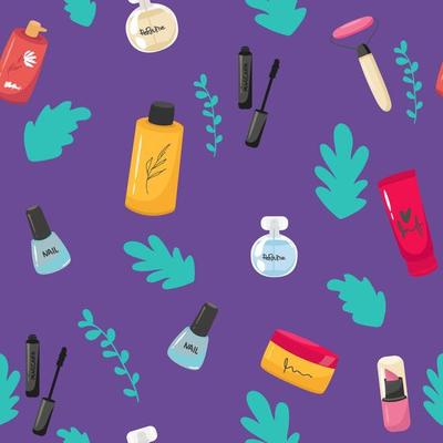 Makeup, perfume, cosmetics seamless pattern. Nail polish, mascara, lipstick, eye shadows, brush, powder, lip gloss, lips