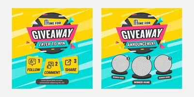 Giveaway quizecontest and announcement for social media feed. Vector template prize win competition with steps