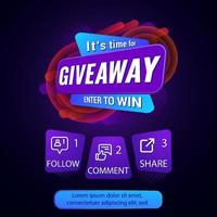 Giveaway quiz contest and announcement for social media feed. Vector template prize win competition with steps