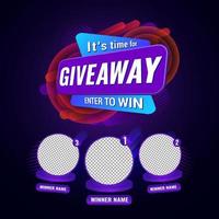 Giveaway quiz contest and announcement for social media feed. Vector template prize win competition with steps