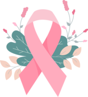 Pink ribbon with flowers for breast cancer awareness. png