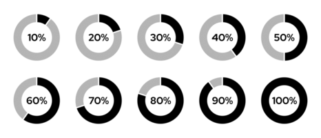 Icon Set of circle percentage diagram. Progress or loading circle symbols from 10 to 100 png