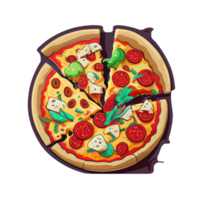 Pizza Italian dish with tomato sauce, cheese, and various toppings. Cartoon sticker pizza. png