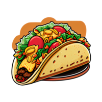 Tacos Mexican dish of a tortilla filled with various meats, vegetables and toppings. Cartoon sticker png