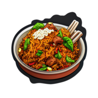 Biryani Indian dish of spices, meat or vegetables, and rice. Cartoon sticker. png