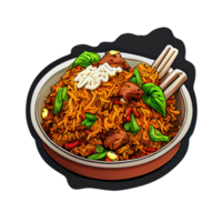 biryani indiano piatto di spezie, carne o la verdura, e Riso. cartone animato etichetta. png