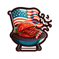 pegatina de dibujos animados de un plato de barbacoa con carne a la parrilla, que simboliza el plato de verano americano.