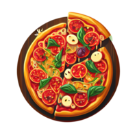 Pizza Italian dish with tomato sauce, cheese, and various toppings. Cartoon sticker pizza. png