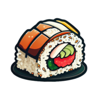 pegatina de dibujos animados sushi plato japonés de pescado crudo y rollos de arroz