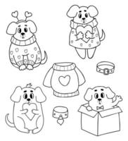 Collection dogs in love. Cute pets in romantic sweater and with heart and puppy in box. Vector illustration. Isolated line drawings for design and decor of valentines, love postcard, printing