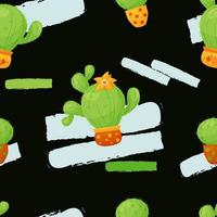 Seamless pattern with cacti flowerpots. Beautiful prickly and blooming cactus in pot on black background. Vector illustration.