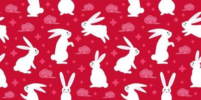 Seamless red pattern with zodiacal rabbits in the sky, seamless pattern for Chinese New Year, 2023 Year of the Rabbit, pattern for gifts covers, backgrounds, invitations. vector