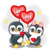 par de pingüinos con globos en forma de corazón lindo san valentín vector