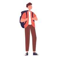 College or high school student with backpack looking up, flat vector illustration isolated on white background. Young man standing.