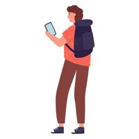 estudiante universitario con mochila con smartphone, ilustración vectorial plana aislada en fondo blanco. joven usando teléfono móvil o tomando fotos. estudiante de secundaria con teléfono. vector