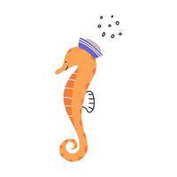 Cute seahorse wearing nautical hat, cartoon flat vector illustration isolated on white background. Cheerful animal character, hand drawn kids drawing.