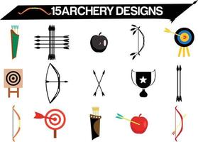 Different archery elements vector illustrations set. Equipment for archery, different bows, arrows, targets, apple isolated on white background. Sports, archery concept for game design