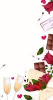 Valentine's Day. Background on white with roses, arrows, chocolate. Banner template, postcard, web. Vector illustration