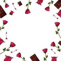 Valentine's Day. Background on white with roses, arrows, chocolate. Banner template, postcard, web. Vector illustration