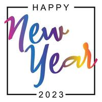 HAPPY NEW YEAR 2023 in square canvas with line border. Isolated in white background and color full font. Celebration poster, banner template design. Editable Vector illustration in EPS10