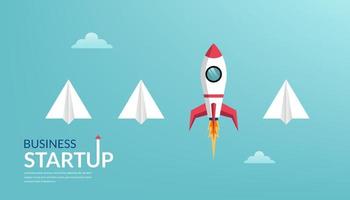 Business startup launching products with rocket symbol. Successful business startup. Creative and unique business idea among paper plane metaphor vector