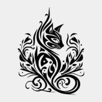 Set Flaming cat on White Background. Tribal Stencil Tattoo Design Concept. Flat Vector Illustration.