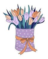 Bouquet of tulips in a hatbox in doodle style. vector