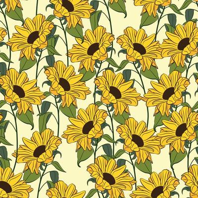 Sunflowers and leaves pattern design. Good for prints, wrapping paper, textiles, and fabric. Hand-drawn background. Botanic Tile. The surface pattern design.