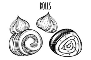 Fresh hand drawn swiss rolls for bakery or pastry shop. vector