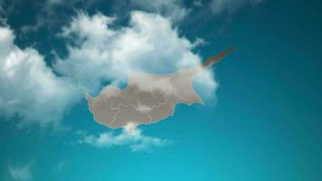 mapa del país de chipre con zoom en nubes realistas que vuelan. zoom de la cámara en el efecto del cielo en el mapa de Chipre. fondo adecuado para introducciones corporativas, turismo, presentaciones. video