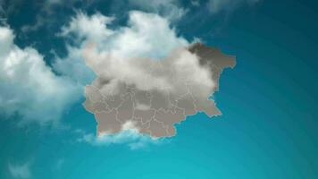 bulgaria country map with zoom in Realistic Clouds Fly Through. camera zoom in sky effect on bulgaria map. Background Suitable for Corporate Intros, Tourism, Presentations. video