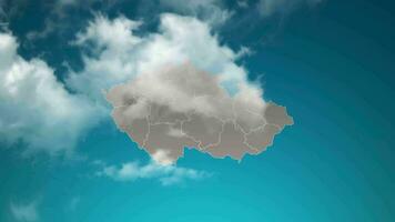 mapa del país de la república checa con zoom en nubes realistas que vuelan. zoom de la cámara en el efecto del cielo en el mapa checo. fondo adecuado para introducciones corporativas, turismo, presentaciones. video