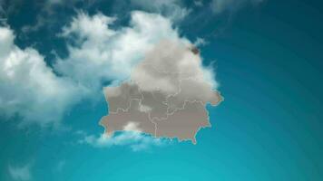belarus landkarte mit zoom in realistischen wolken fliegen durch. kamera zoomt in den himmelseffekt auf der belarussischen karte. hintergrund geeignet für unternehmenseinführungen, tourismus, präsentationen. video