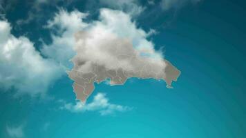 mapa del país de la república dominicana con zoom en nubes realistas que vuelan. zoom de la cámara en el efecto del cielo en el mapa dominicano. fondo adecuado para introducciones corporativas, turismo, presentaciones. video