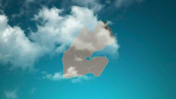 Mapa del país de Djibouti con zoom en nubes realistas que vuelan. Zoom de la cámara en el efecto del cielo en el mapa de Djibouti. fondo adecuado para introducciones corporativas, turismo, presentaciones. video