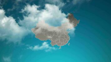 china country map with zoom in Realistic Clouds Fly Through. camera zoom in sky effect on china map. Background Suitable for Corporate Intros, Tourism, Presentations. video