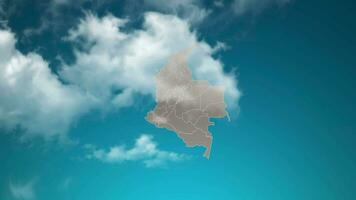 mapa del país de colombia con zoom en nubes realistas que vuelan. zoom de la cámara en el efecto del cielo en el mapa de colombia. fondo adecuado para introducciones corporativas, turismo, presentaciones. video