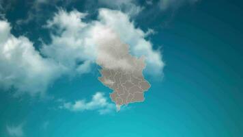 mapa del país de serbia con zoom en nubes realistas que vuelan a través. zoom de la cámara en el efecto del cielo en el mapa de serbia. fondo adecuado para introducciones corporativas, turismo, presentaciones. video