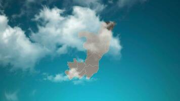 mapa del país del congo con zoom en nubes realistas que vuelan. zoom de la cámara en el efecto del cielo en el mapa del congo. fondo adecuado para introducciones corporativas, turismo, presentaciones. video