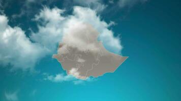 carte du pays de l'éthiopie avec zoom avant des nuages réalistes traversent. effet de zoom de la caméra dans le ciel sur la carte de l'éthiopie. fond adapté aux introductions d'entreprise, au tourisme, aux présentations. video