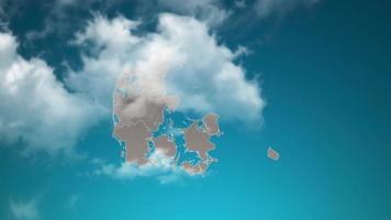 denmark country map with zoom in Realistic Clouds Fly Through. camera zoom in sky effect on denmark map. Background Suitable for Corporate Intros, Tourism, Presentations. video
