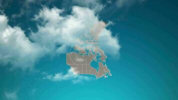 el mapa del país de canadá con zoom en las nubes realistas vuela a través. zoom de la cámara en el efecto del cielo en el mapa de canadá. fondo adecuado para introducciones corporativas, turismo, presentaciones. video