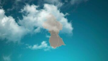 guyana country map with zoom in Realistic Clouds Fly Through. camera zoom in sky effect on guyana map. Background Suitable for Corporate Intros, Tourism, Presentations. video