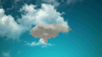 mapa do país de honduras com zoom em nuvens realistas voam. zoom da câmera no efeito do céu no mapa de honduras. fundo adequado para introduções corporativas, turismo, apresentações. video