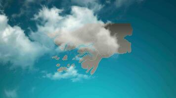 mapa del país de guinea bissau con zoom en nubes realistas que vuelan a través. zoom de la cámara en el efecto del cielo en el mapa de guinea bissau. fondo adecuado para introducciones corporativas, turismo, presentaciones. video