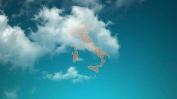 carte du pays d'italie avec zoom avant des nuages réalistes traversent. zoom de la caméra dans l'effet du ciel sur la carte de l'italie. fond adapté aux introductions d'entreprise, au tourisme, aux présentations. video