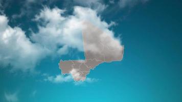 mali country map with zoom in Realistic Clouds Fly Through. camera zoom in sky effect on mali map. Background Suitable for Corporate Intros, Tourism, Presentations.