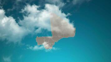 mapa del país de Malí con zoom en nubes realistas que vuelan. Zoom de la cámara en el efecto del cielo en el mapa de Malí. fondo adecuado para introducciones corporativas, turismo, presentaciones. video